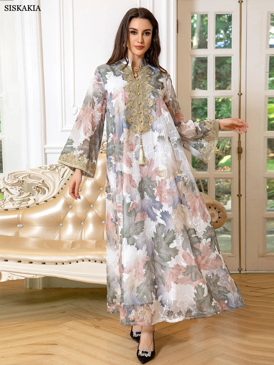 Dubai Arab Fashion Printing Elegant Party Dresses Islamic Clothing Muslim Saudi Moroccan Women Kaftan Eid Robe