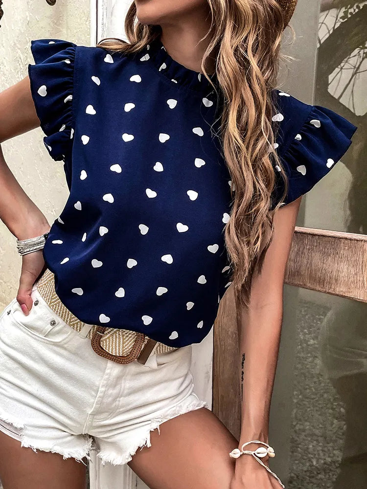 Fashion Chiffon Print Women's Shirt Casual Ruffle Short Sleeve Top Pink Chic Woman Blouse And Shirts Elegant Blouses