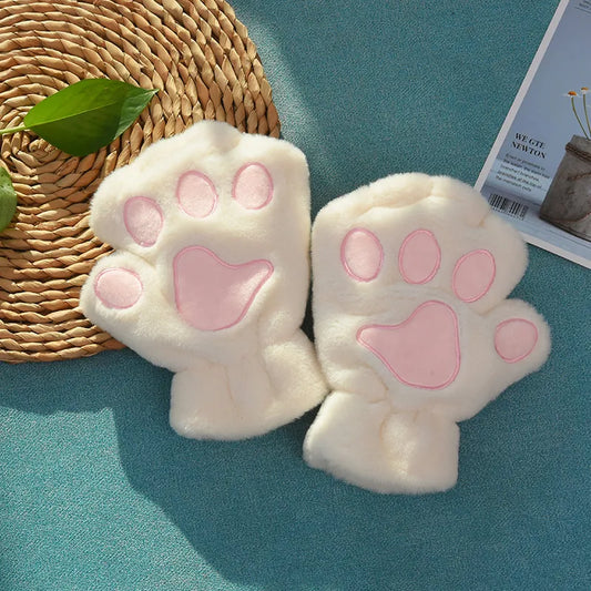 Women Cute Cartoon Cat Paw Gloves Girls Winter Thermal Fingerless Gloves Warm Soft Short Plush Half Finger Gloves