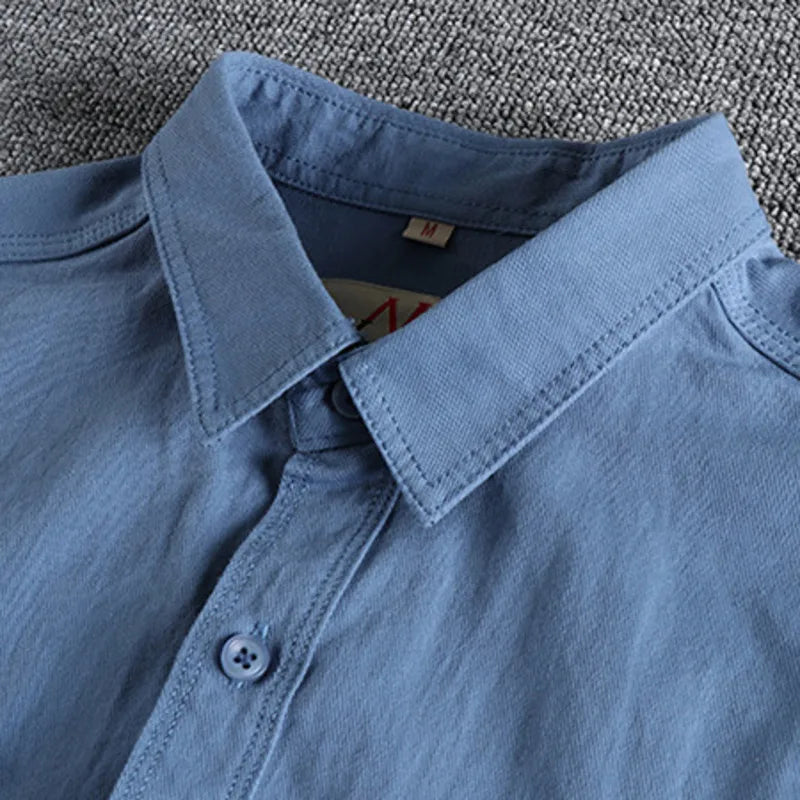 Men's British Simple Solid Color Long Sleeved Shirt Wash Woven Twill Cotton Versatile Ameikeji Fashion Male Cargo Work Shirt