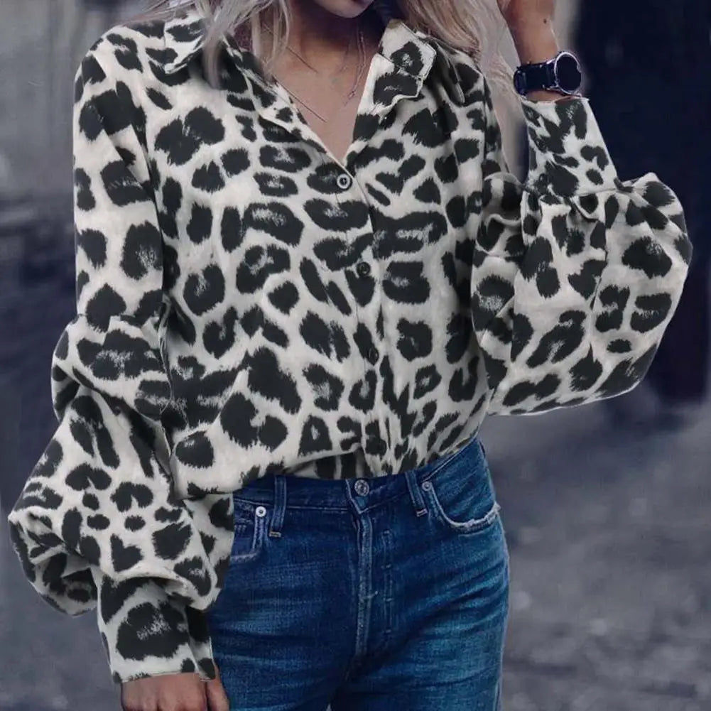 Women Lapel Lantern Long Sleeve Shirt Leopard Dot Print Single Breasted Casual Loose Fit Shirt Tops Streetwear