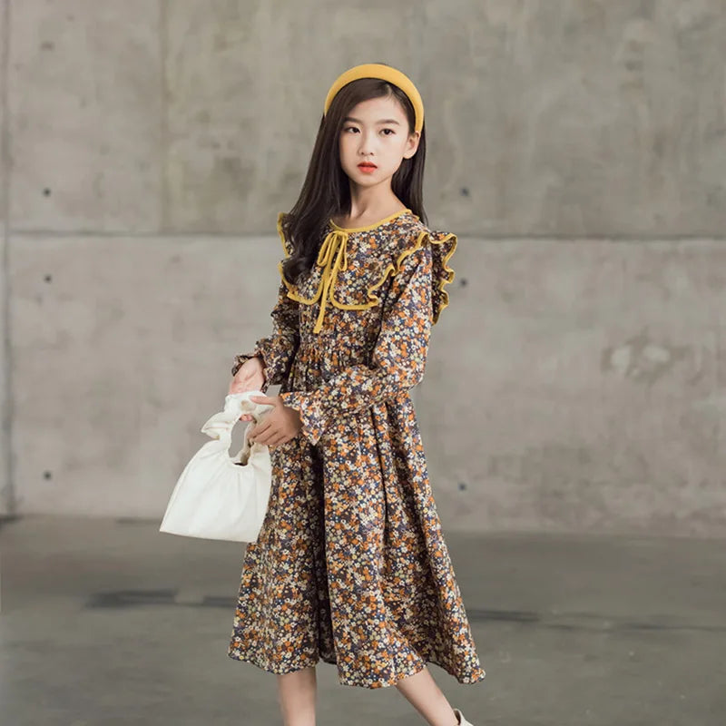 Girls Dress Floral Printed Long Sleeve Spring Autumn Cotton Midi Casual Teen Dress Kids Clothes Robe
