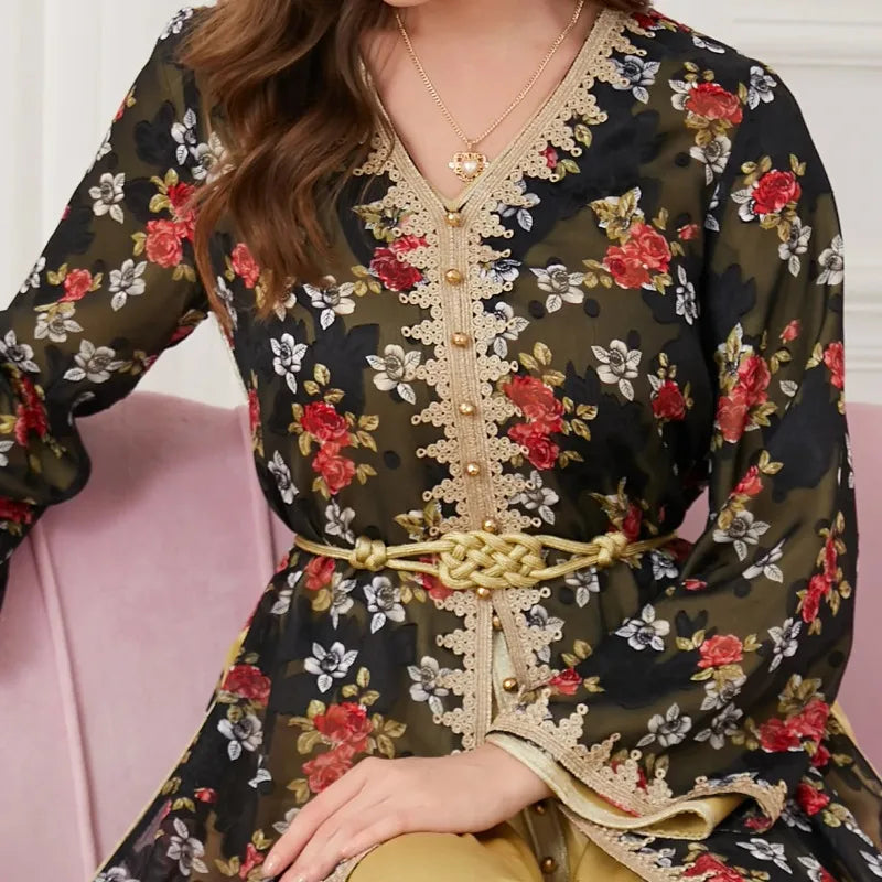 Luxury Eid Muslim Sets for Women Ramadan Arabic Embroidery Abaya Dress Islamic Jalabiya Marocain Clothes Moroccan Kaftan Robe