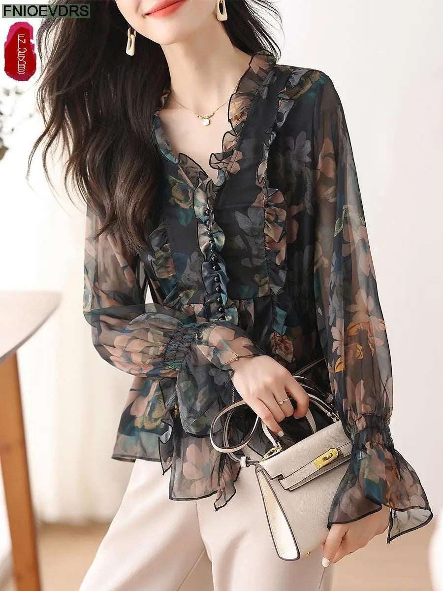 Women Spring Basic Wear Chiffon Shirts  Chic Design Retro Vintage Button Flower Peplum Belly Ruffles Tops Blouses