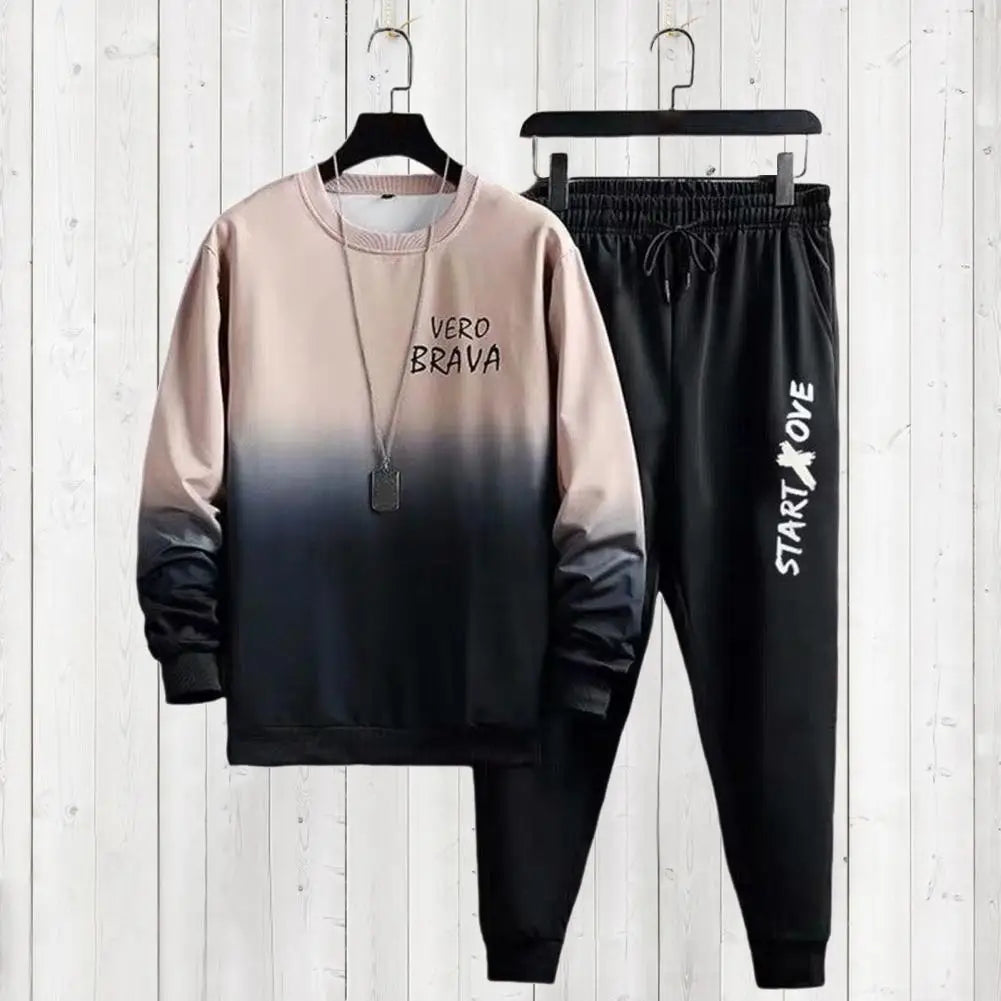 Men Suit with Long Sleeve Top Men Two-piece Suit Elastic Waist Pants Men's Gradient Contrast Color Tracksuit Set for Hop Sports