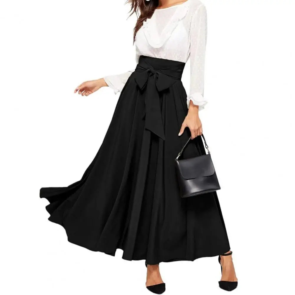 High Waist Women Skirt Elegant Lace-up Maxi Skirt with High Waist A-line Silhouette Solid Color Wide Band for Women