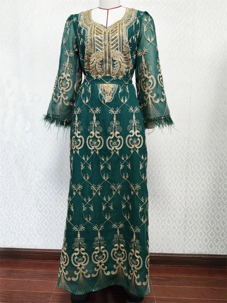 Muslim Ramadan Ethnic Floral Embroidery Beading Feathers Patchwork Long Sleeve V-Neck Dress woman With Sashes Djellaba Abaya