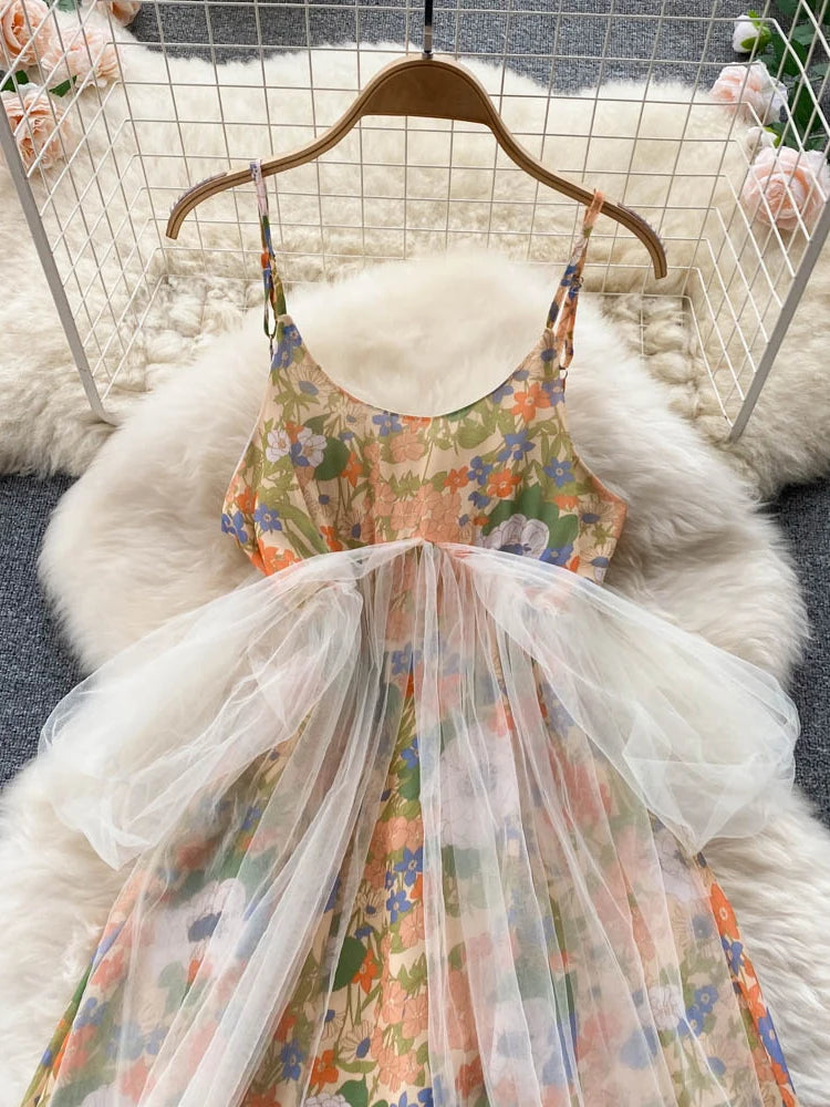 Women  Suspender Skirt Barbed Wire Gauze A-line Skirt Waist Thin and Gentle French Floral Dress  Female