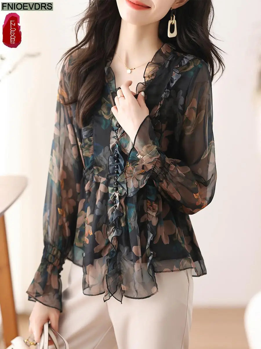 Women Spring Basic Wear Chiffon Shirts  Chic Design Retro Vintage Button Flower Peplum Belly Ruffles Tops Blouses