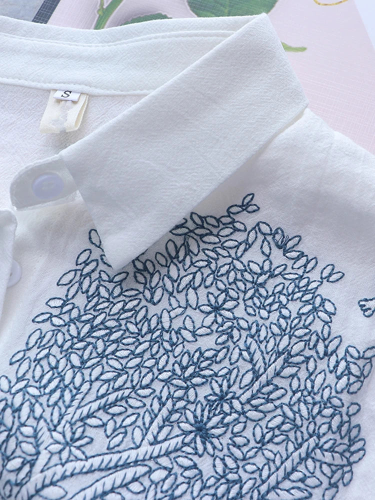 Cotton Flower Embroidery Women Shirts Blouses Fashion Long-Sleeved Solid Elegant Shirt Top Blue White