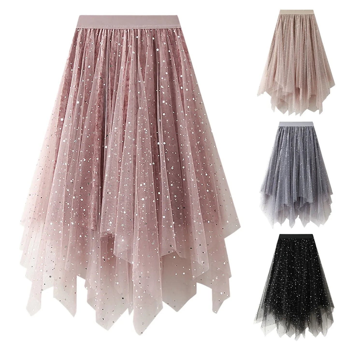 Korean Fashion Sequined Folds Mesh Skirt