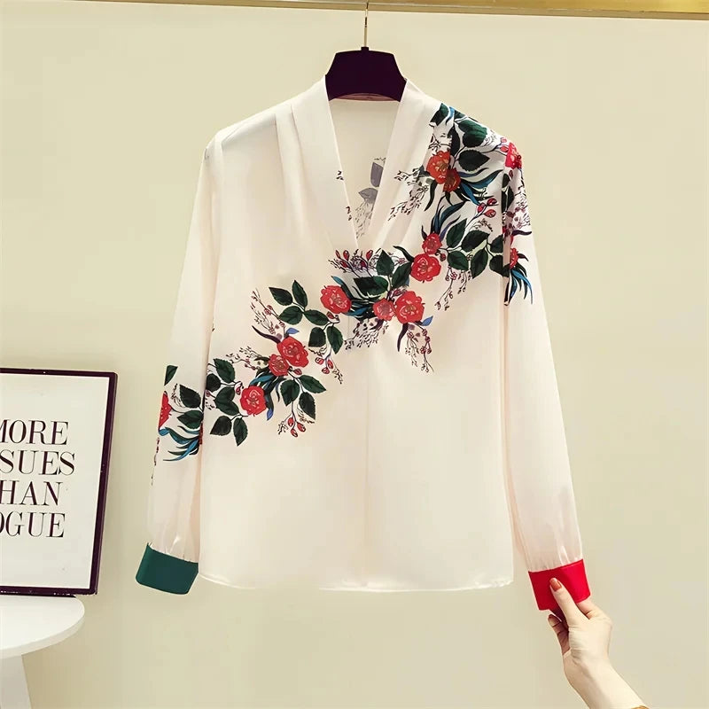 Women Spring Summer Satin blouses Blouses Shirt Lady Casual Long Sleeve Turn-down Collar Print Slim Tops