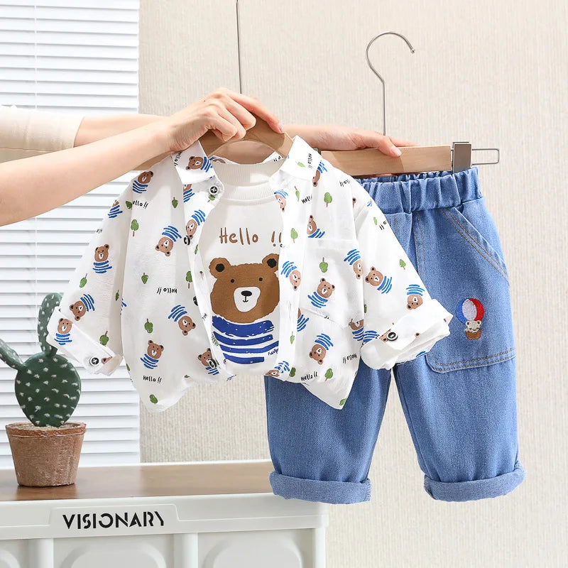 autumn new fashion children's clothing baby cartoon dinosaur cute set boy's solid color Plaid Shirt jeans three piece set