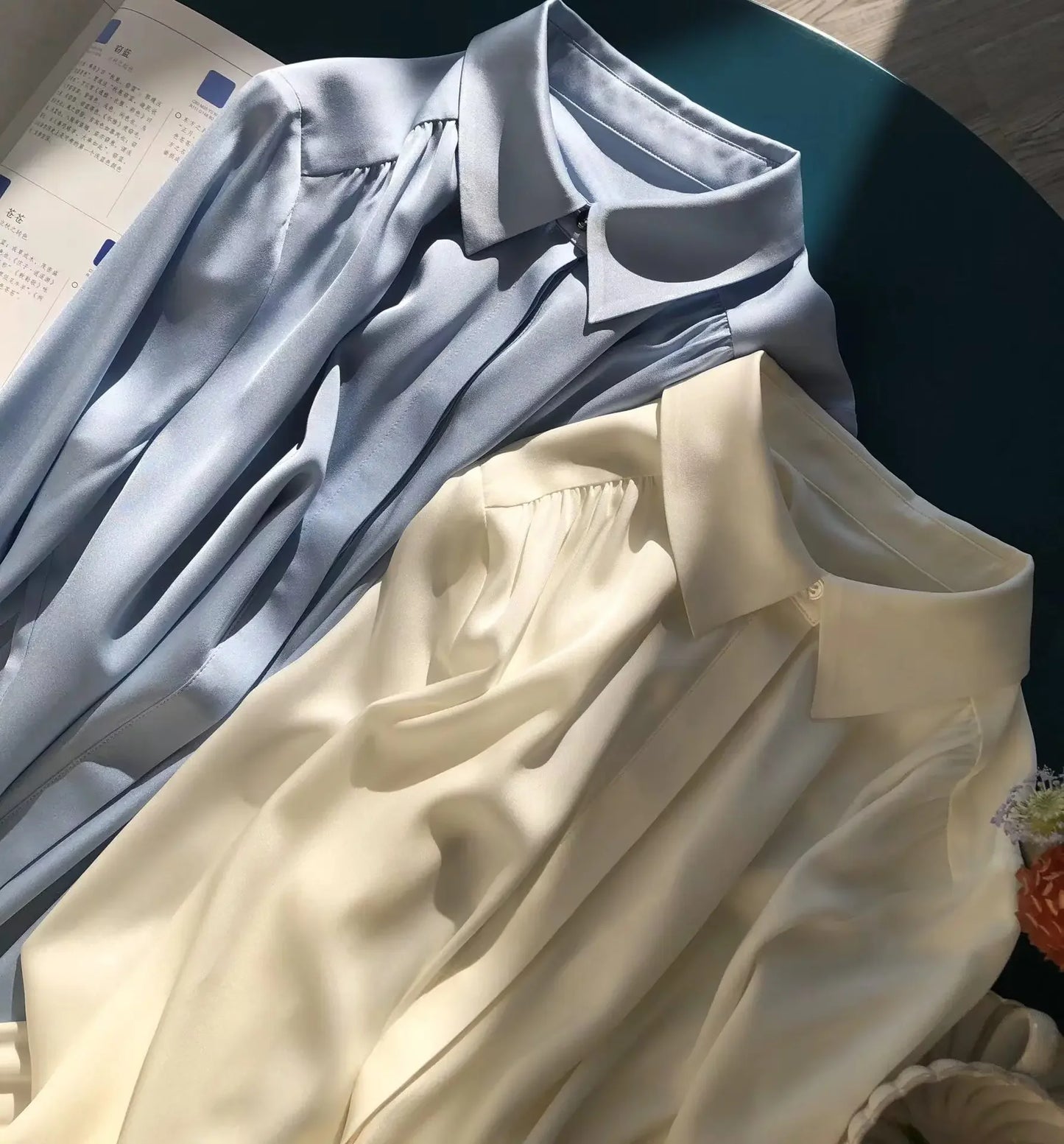 Simple and Smooth Double Satin Shirred Silk Long-sleeved Shirt Women