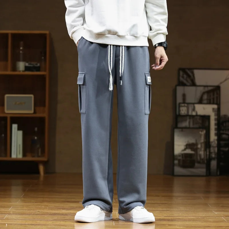 Sweatpants Men Casual Track Pant Male Multi-Pockets Drawstring Cotton Loose Straight Trousers