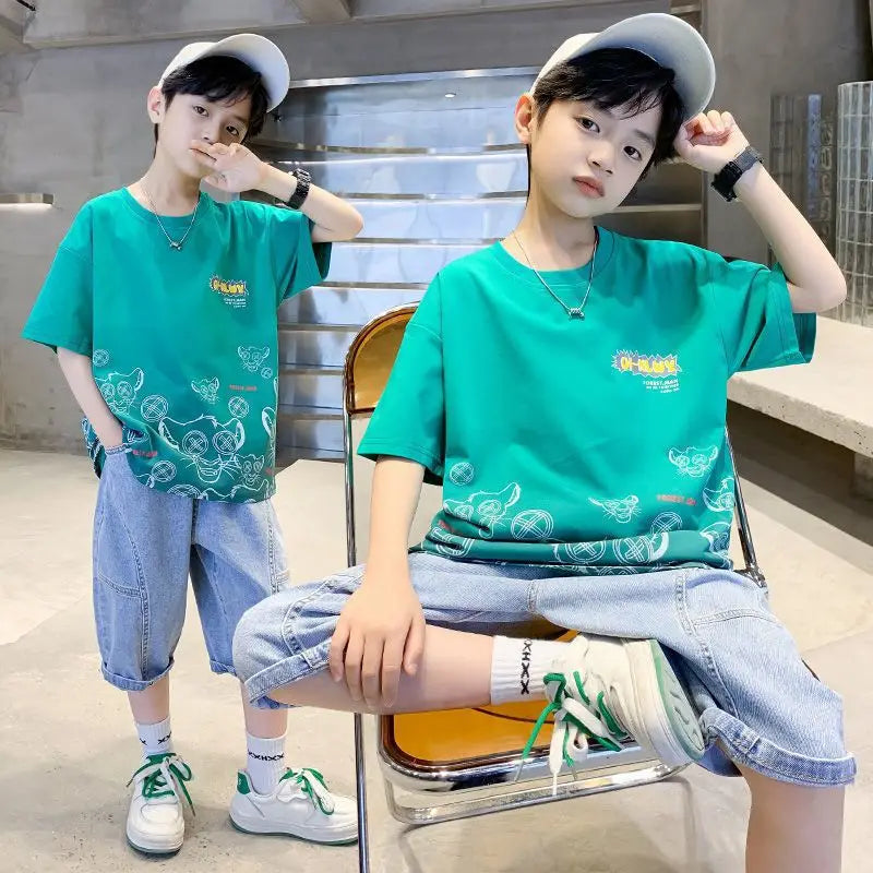 Korean Summer Children Clothes Sets Green Sports Clothes For Baby Boy Clothing Sets T-shirts+Shorts 2 Piece Kids