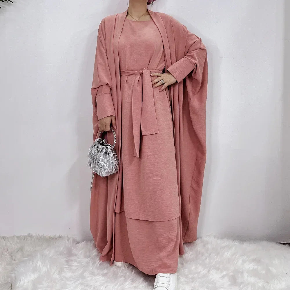Two Piece Abaya Kimono Set Matching Muslim Abayas for Women Short Sleeve Inner Hijab Dress Clothing