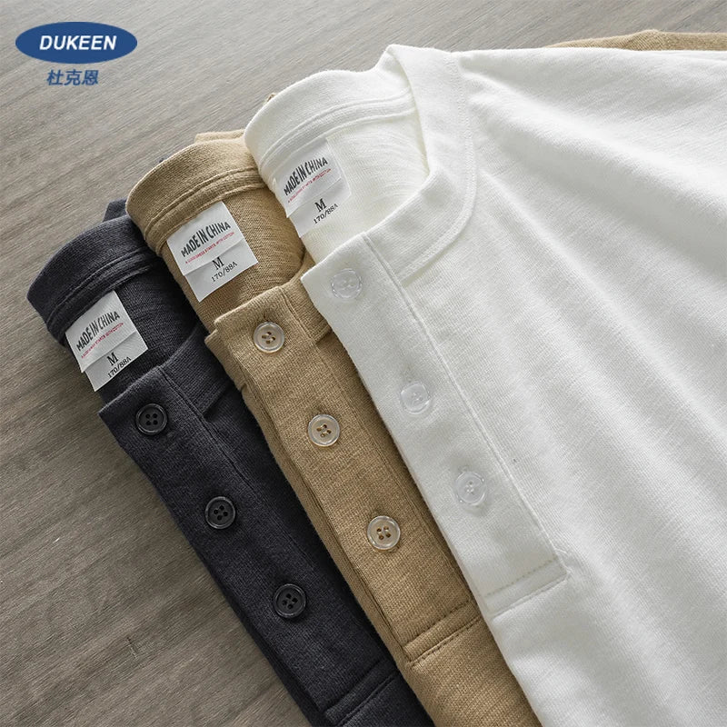 Heavy weight Henley Shirt for Men Short Sleeved Summer 100% Cotton Oversized White T Shirt Man Clothing