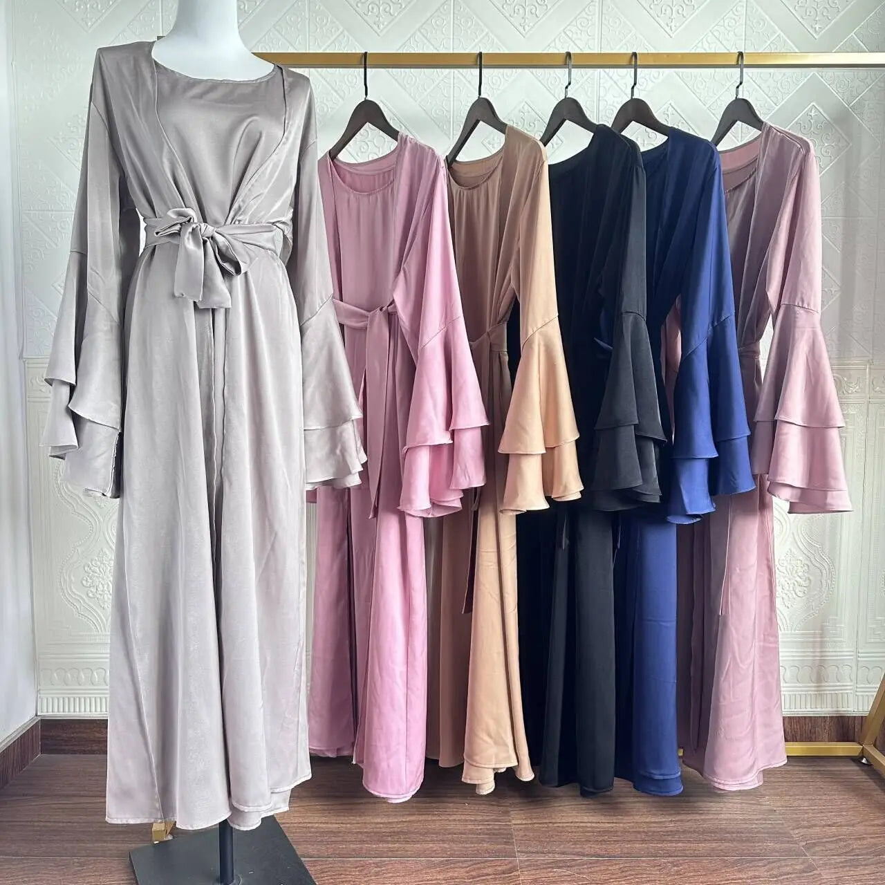 Open Abaya 2 Piece Set Modest Flare Sleeve Satin Islamic Under Dress for Women with Abayas Matching Muslim Suit Islam Sets