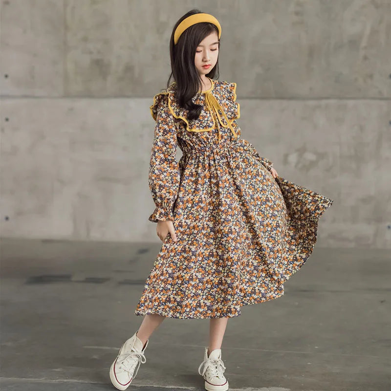 Girls Dress Floral Printed Long Sleeve Spring Autumn Cotton Midi Casual Teen Dress Kids Clothes Robe