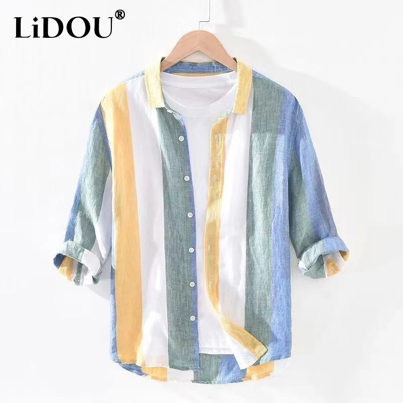 Spring Autumn Turn-down Collar Three Quarter Button Fashion Striped Shirt Man Loose Casual Korean Style All-match Cardigan