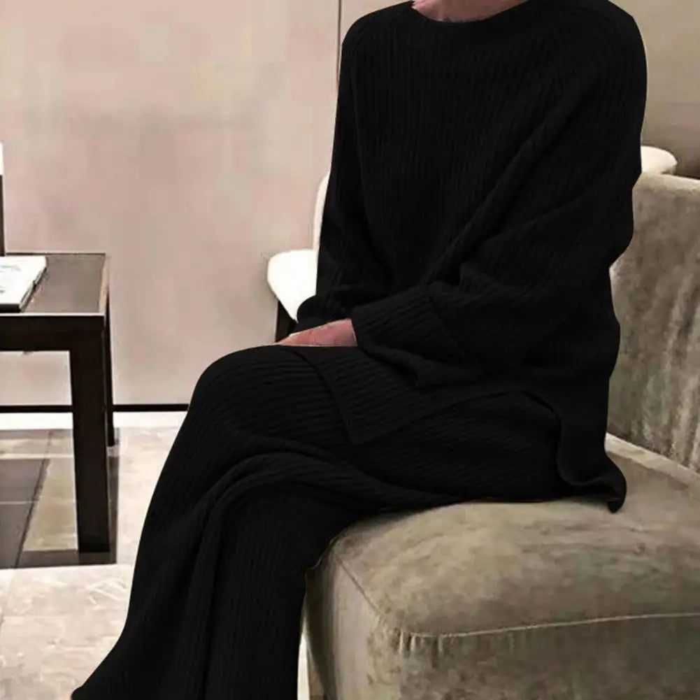 Autumn Winter 2 Pieces Women Outfit Sets Knitted Tracksuit Crew Neck Sweater and Wide Leg Jogging Pant Loose Pullover Home Suits