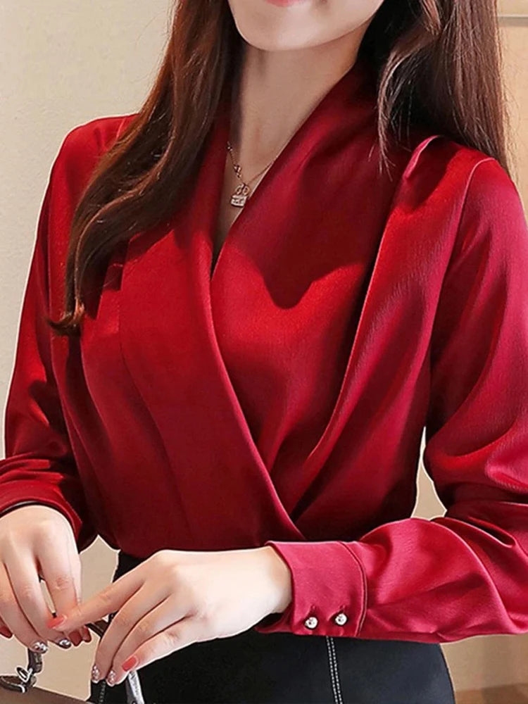 Deep V-neck Satin Blouses Women Chiffon Shirts Solid Elegant Female Tops White Red Ladies Clothes Long Sleeve