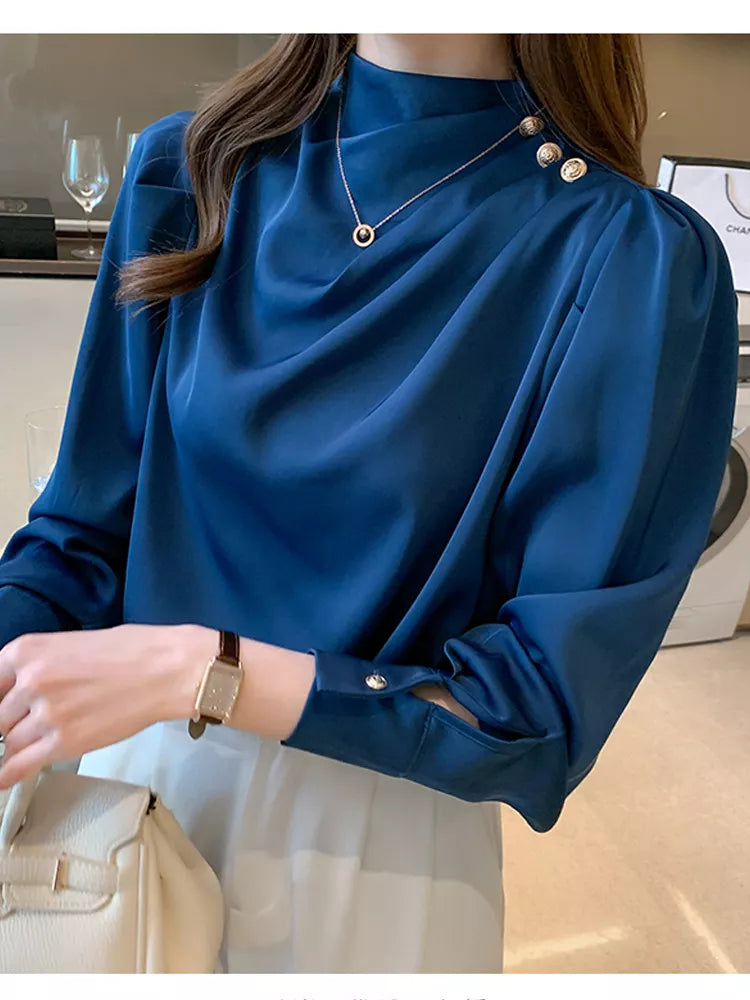 Women Shirt Long Puff Sleeve Satin Chiffon Tops Elegant High Collar Blouses Red White Blue Ladies Tops Blusas