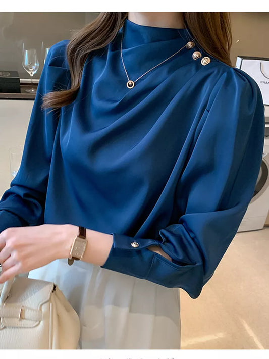 Women Shirt Long Puff Sleeve Satin Chiffon Tops Elegant High Collar Blouses Red White Blue Ladies Tops Blusas