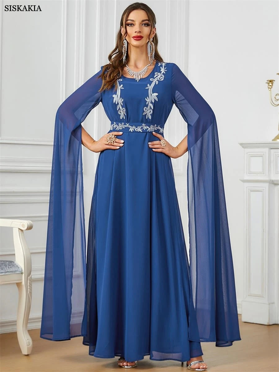 Dubai Moroccan Fashion Embroidery Chiffon Super Long Sleeve Evening Party Gown Jalabiyat Turkish Gulf Belted Dress