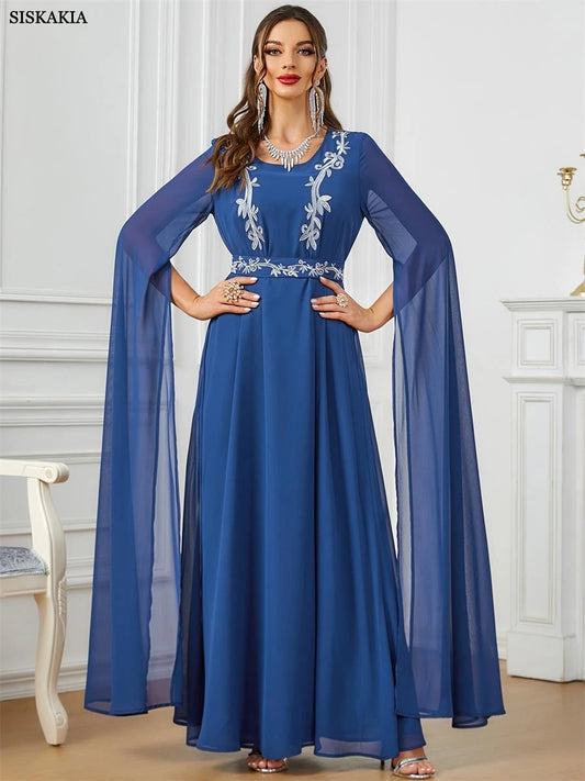 Dubai Moroccan Fashion Embroidery Chiffon Super Long Sleeve Evening Party Gown Jalabiyat Turkish Gulf Belted Dress