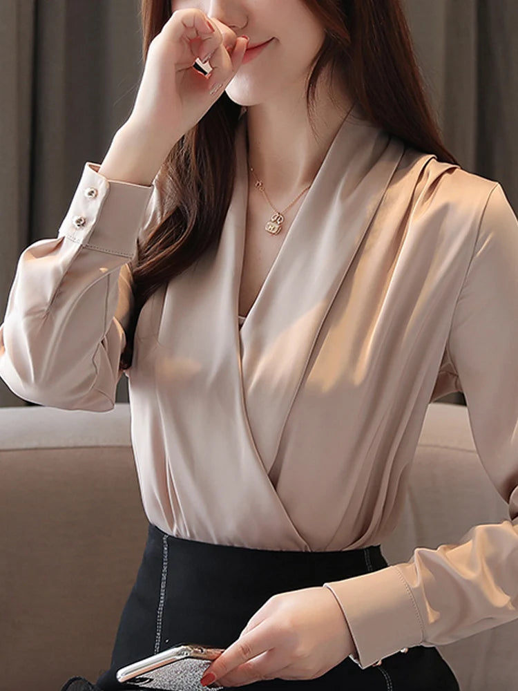 Deep V-neck Satin Blouses Women Chiffon Shirts Solid Elegant Female Tops White Red Ladies Clothes Long Sleeve
