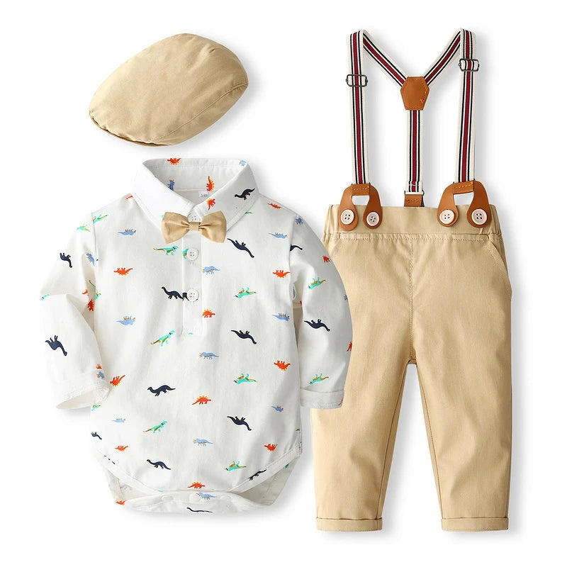 Baby Boys Gentleman Clothes 3pcs Sets Long Sleeve Dinosaur Printed Bow Tie Romper Overall Pants with Hats Boys Clothing 0-24M