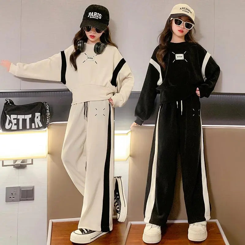 Autumn Fashion Kids Clothes Girls Suit Kids Long Sleeve Patchwork Pattern Sweatshirts Wide Leg Pants 2 Piece Set 5 to 16 Years