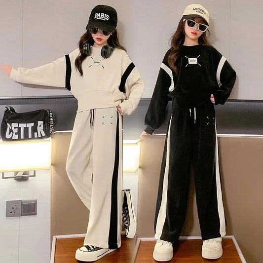 Autumn Fashion Kids Clothes Girls Suit Kids Long Sleeve Patchwork Pattern Sweatshirts Wide Leg Pants 2 Piece Set 5 to 16 Years