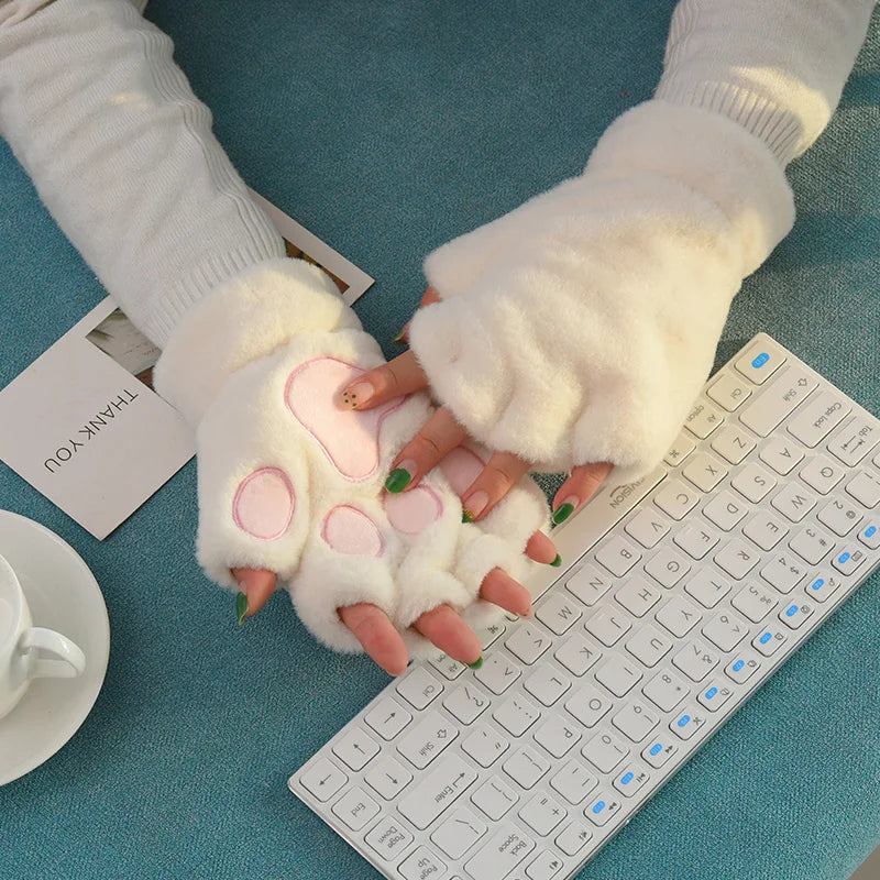 Women Cute Cartoon Cat Paw Gloves Girls Winter Thermal Fingerless Gloves Warm Soft Short Plush Half Finger Gloves