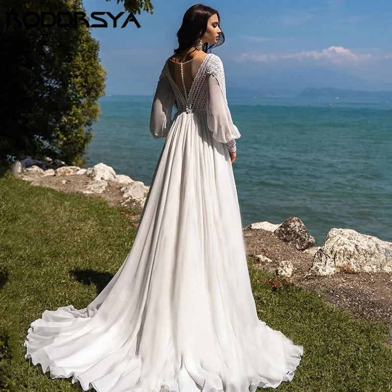 Wedding Dresses For Women Chiffon Puffy Sleeve  Elegant Lace Bridal Dress Custom Made