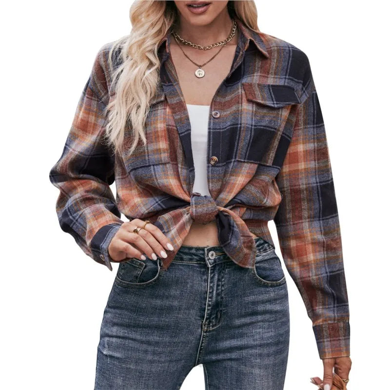 Leisure Fashion Loose Plaid Shirt Spring /Autumn Pocket Office Blouse Ropa Femenina Vintage Camisas  Blouses De  Tops Women
