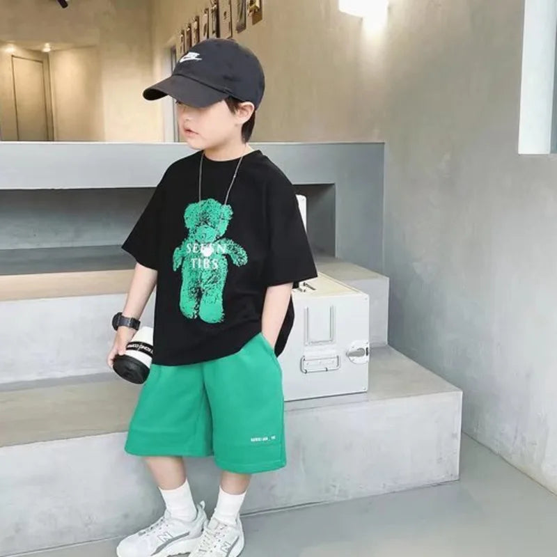 Middle School Children Summer Cotton Tide Boy Cute Baby Clothes Print Leisure Short Tshirt Top Infant