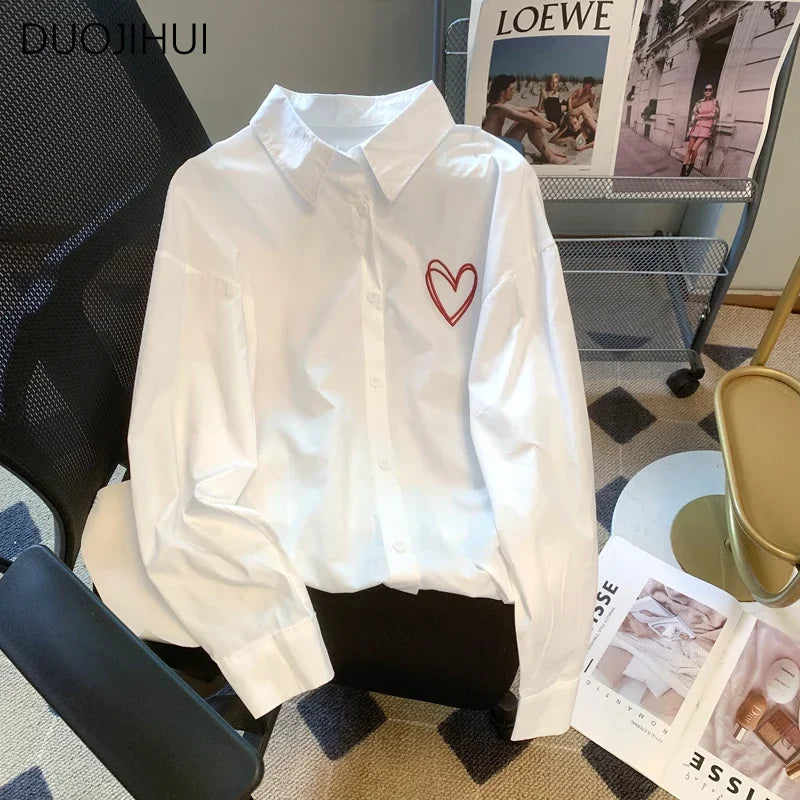 White Chic Embroidery Loose Long Sleeve Women Shirt Summer New Casual Single Breasted Fashion Solid Color Female Shirt