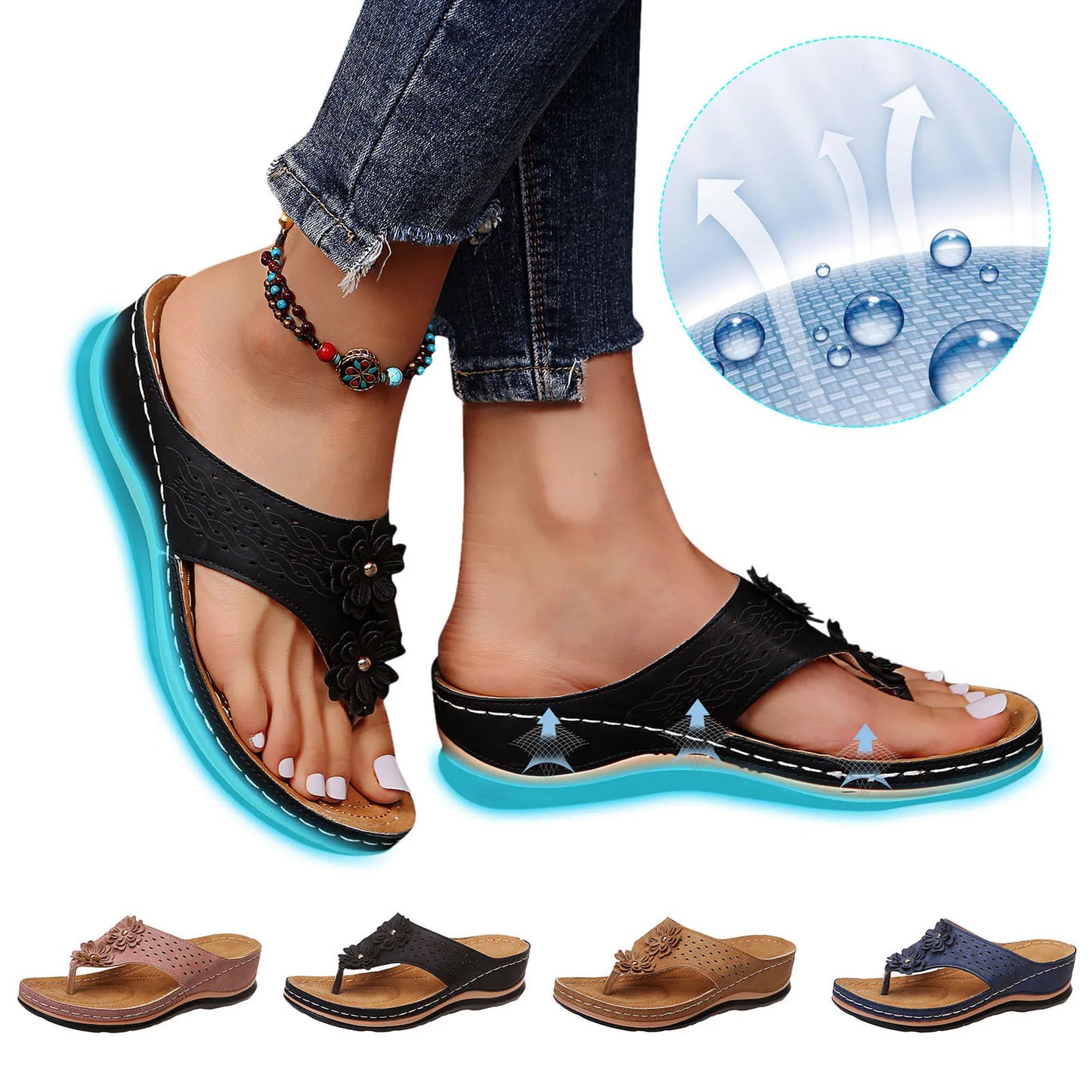 New Women's Slippers Fashion Flower Solid Color Wedge Flip-Flops Outdoor Platform Non-slip Beach Sandals Sandalias Shoes