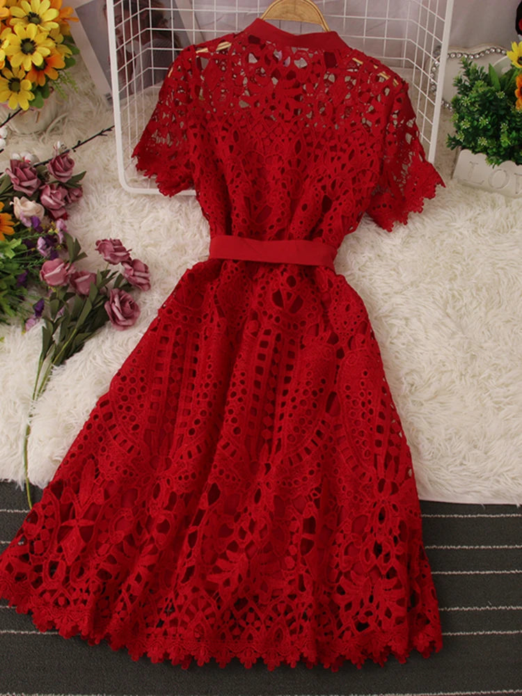 French Stylish Hollow Out Lace Vestido Women Elegant Evening Dress