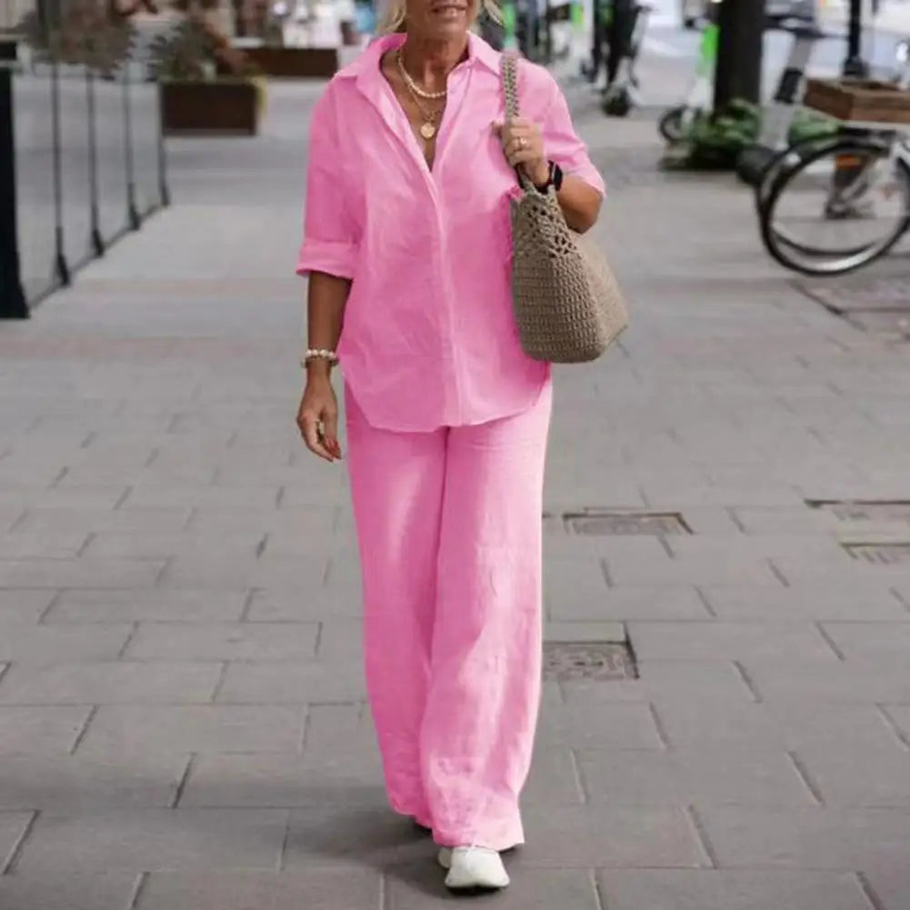 Women  Linen Lapel Shirt Two Pieces Set Vintage Solid Long Sleeve Button Blouse and Loose Straight Pants Casual Suits