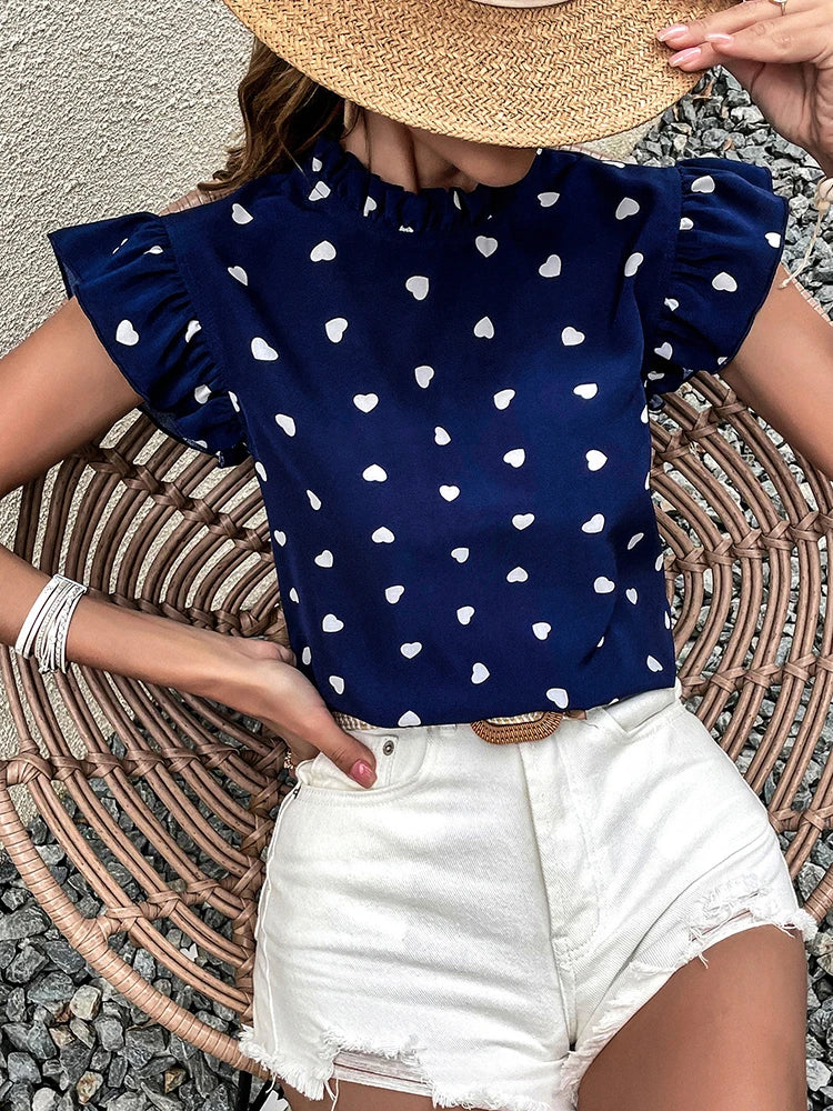 Fashion Chiffon Print Women's Shirt Casual Ruffle Short Sleeve Top Pink Chic Woman Blouse And Shirts Elegant Blouses