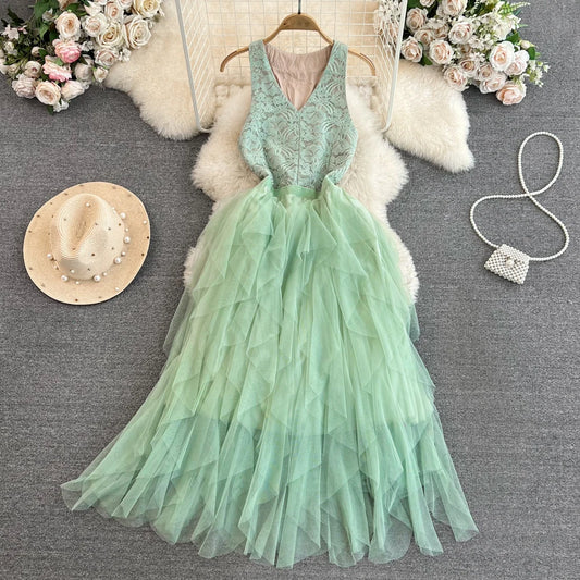 Embroidery Long Dress for Women Tulle Stitching Ruffle Layered  Female Prom Dresses Elegant Party Formal