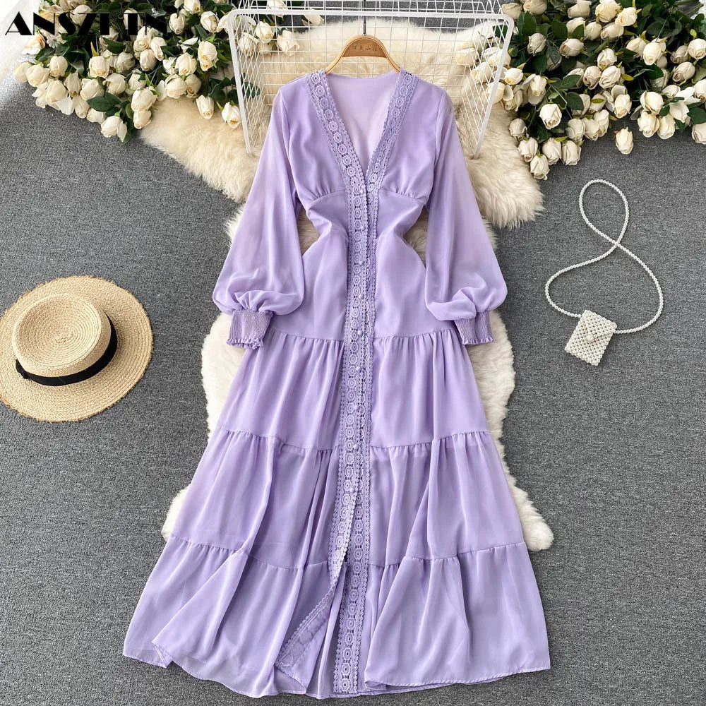 New Lace V-Neck Dress Single Breasted Casual Long Dress long sleeve maxi dress