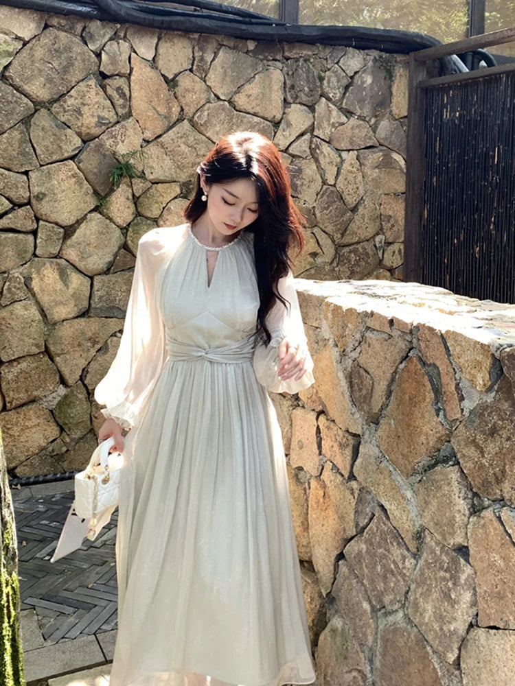 Autumn Casual Elegant Chiffon Dress Vintage Even Party Midi Dress Women Outwear One Piece Dress Chic Fashion