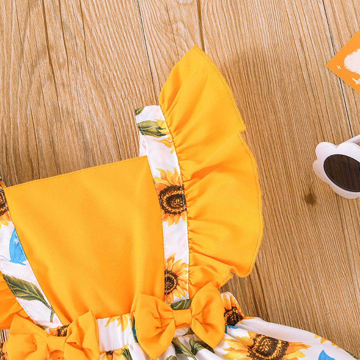 Newborn Infant Baby Girls Dresses Summer Fashion Ruched Fly Sleeve Floral Dress Sunflower Prints Bowknot Dress Baptismal Skirts