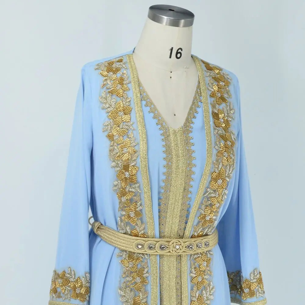 Formal Dresses Abaya With Belt For Women Turkey 2 Pieces Set Muslim Moroccan Caftan Kaftan Beaded Print Abaya For Wedding Party