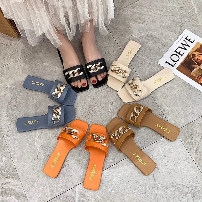 New Fashion Women's Slippers Square Toe Chain Slippers Flat Slide Sandals Beach Flip Flops Metal Decoration Casual Shoes